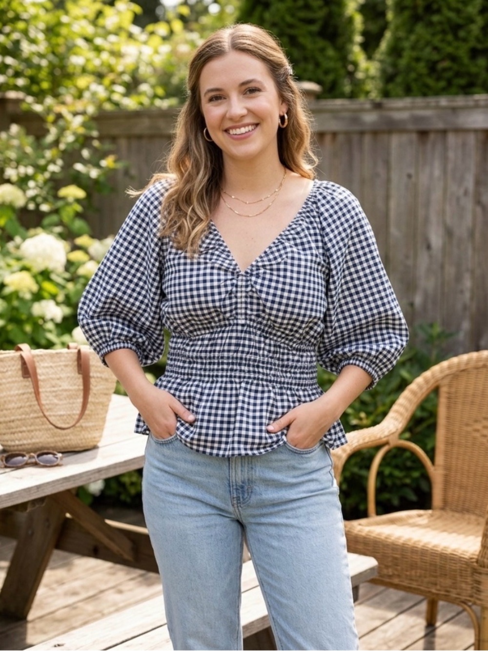 NWT Old Navy Navy Gingham Smocked V-Neck Puff Sleeve Peplum Top XL Cotton